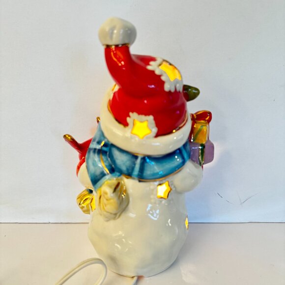 Christmas Snowman Cardinal Ceramic Lighted Figurine Gold Paint Highlights Gift - Picture 8 of 13